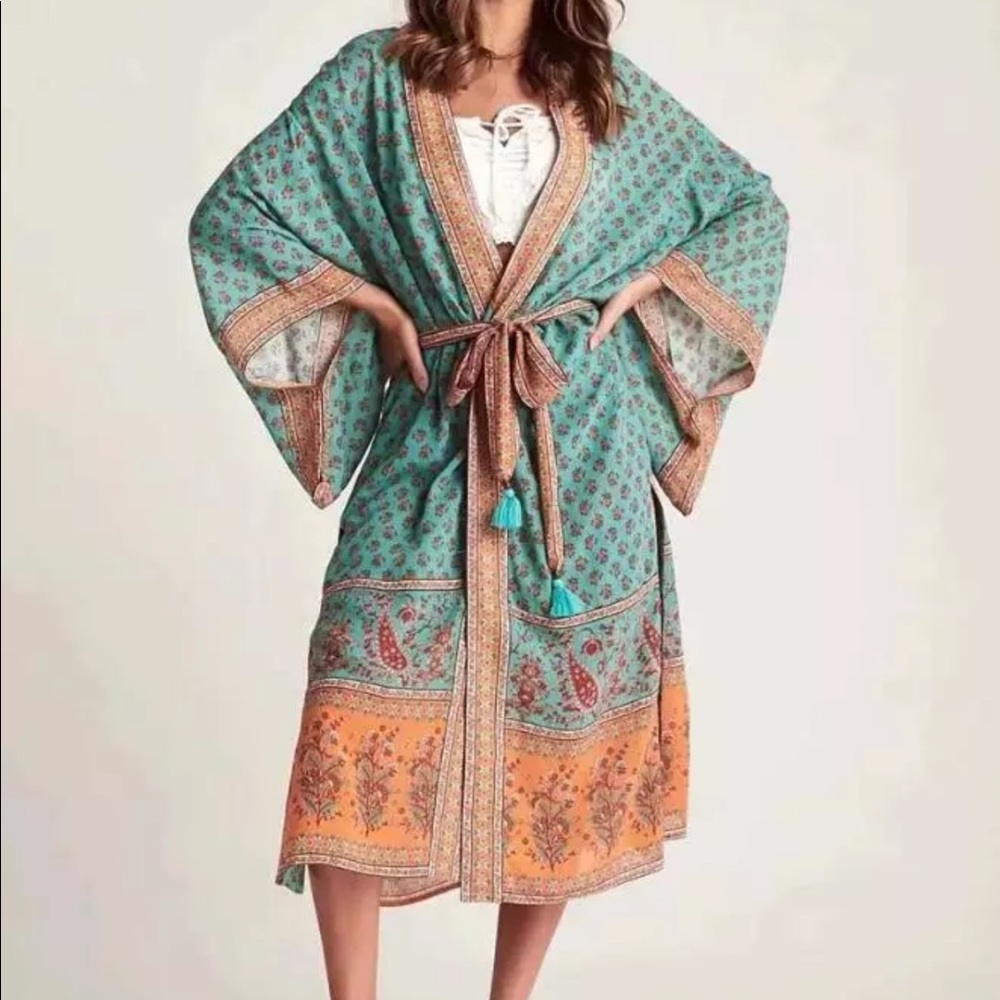 Teal Boho Kimono Floral Gypsy Print Maxi CoverUp - Picture 4 of 15